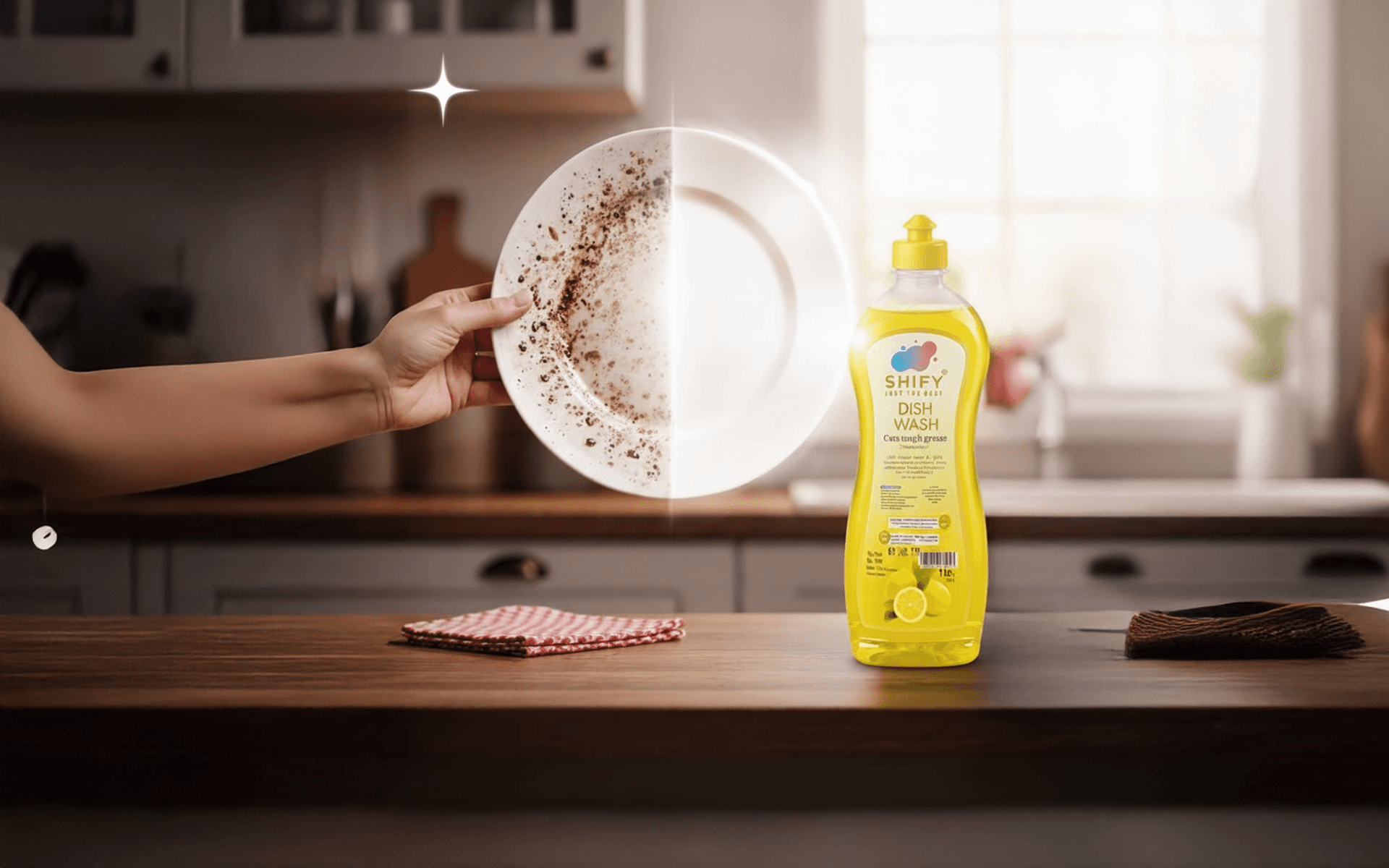 SHIFY Dish Wash - Before and after comparison showing effective grease removal